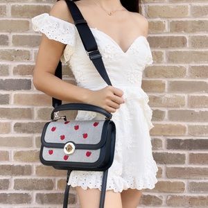 Kate Spade Audrey Orchard Toss Embroidered Apple Handle Flap Turnlock Bag Black